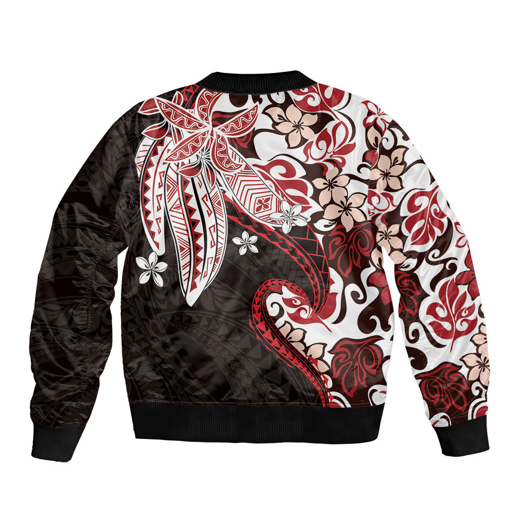 Monstera Plumeria Flowers Red Sleeve Zip Bomber Jacket Polynesian Pattern