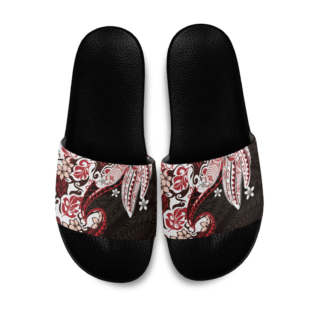 Monstera Plumeria Flowers Red Slide Sandals Polynesian Pattern