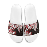 Monstera Plumeria Flowers Red Slide Sandals Polynesian Pattern