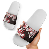 Monstera Plumeria Flowers Red Slide Sandals Polynesian Pattern