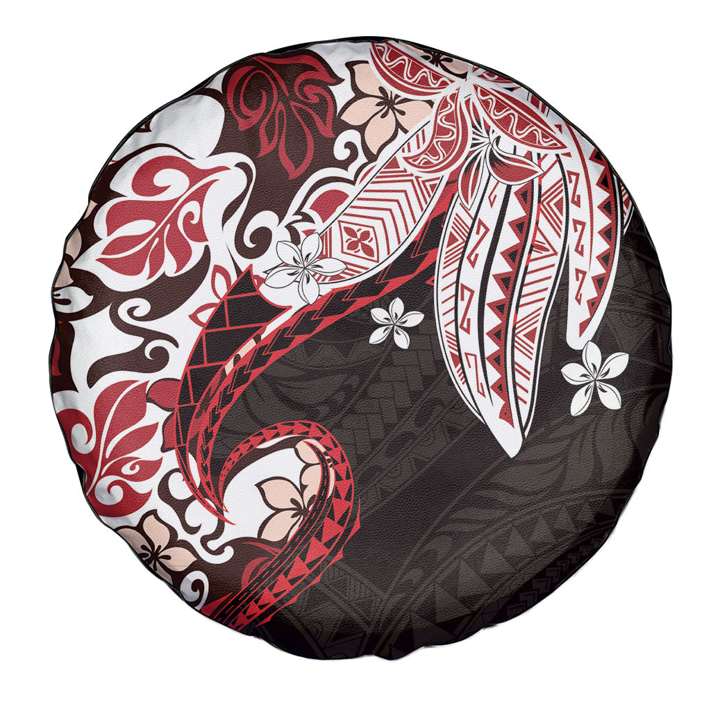 Monstera Plumeria Flowers Red Spare Tire Cover Polynesian Pattern