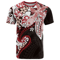 Monstera Plumeria Flowers Red T Shirt Polynesian Pattern
