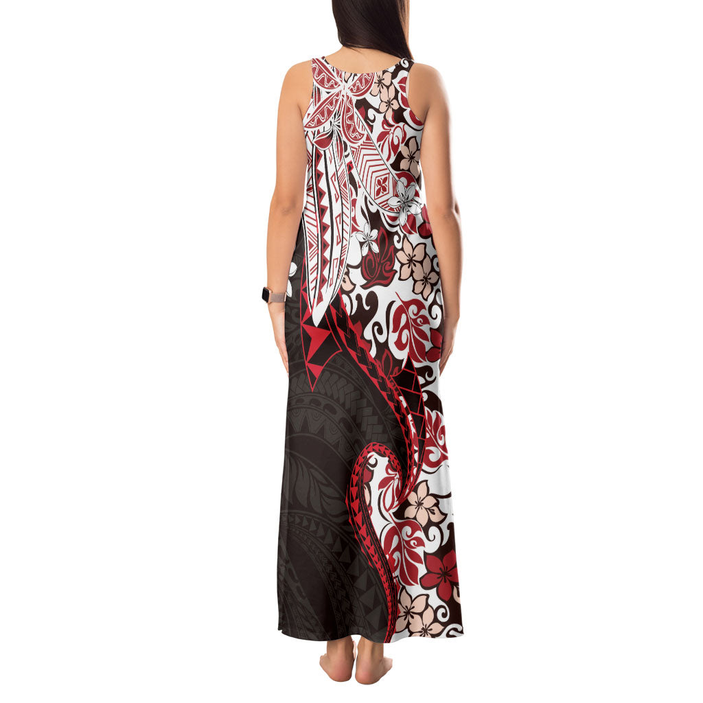 Monstera Plumeria Flowers Red Tank Maxi Dress Polynesian Pattern