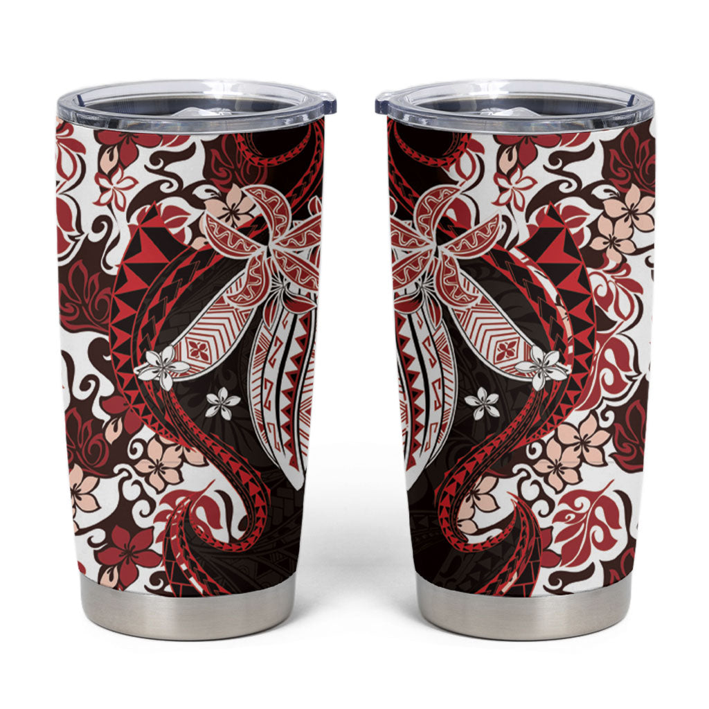 Monstera Plumeria Flowers Red Tumbler Cup Polynesian Pattern