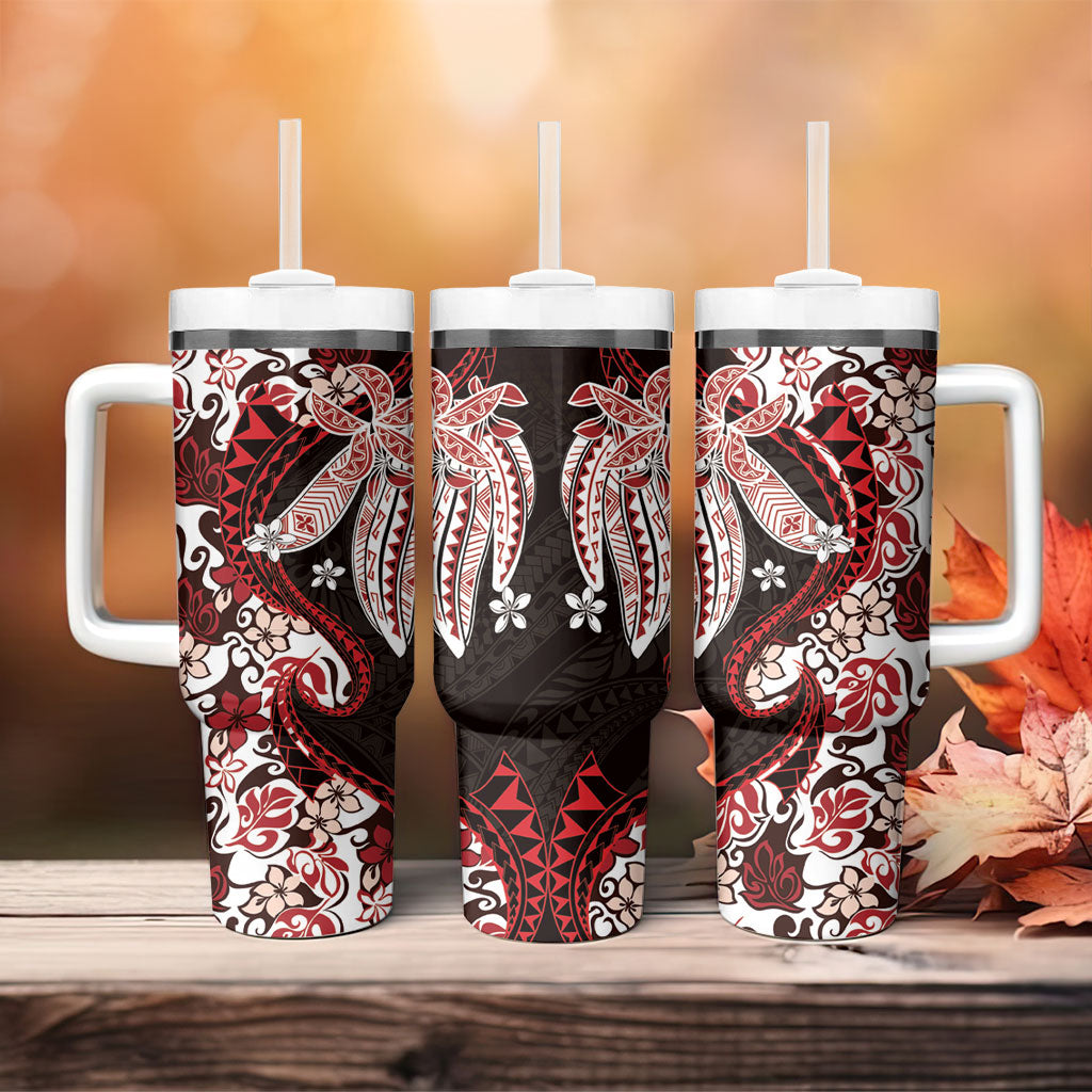 Monstera Plumeria Flowers Red Tumbler With Handle Polynesian Pattern