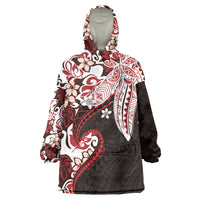 Monstera Plumeria Flowers Red Wearable Blanket Hoodie Polynesian Pattern