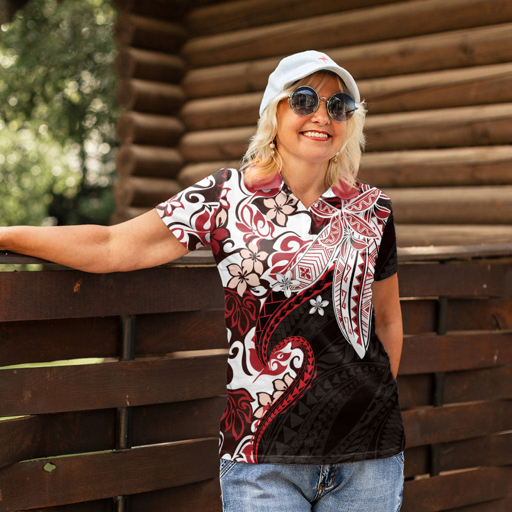 Monstera Plumeria Flowers Red Women Polo Shirt Polynesian Pattern