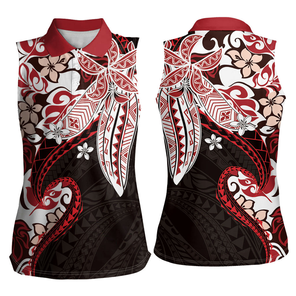 Monstera Plumeria Flowers Red Women Sleeveless Polo Shirt Polynesian Pattern
