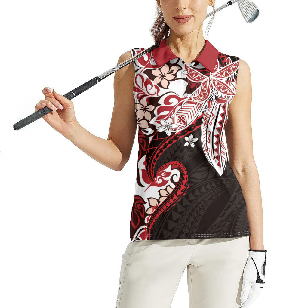 Monstera Plumeria Flowers Red Women Sleeveless Polo Shirt Polynesian Pattern