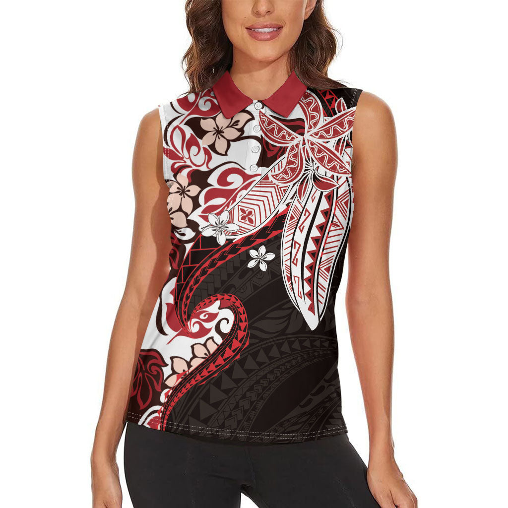 Monstera Plumeria Flowers Red Women Sleeveless Polo Shirt Polynesian Pattern