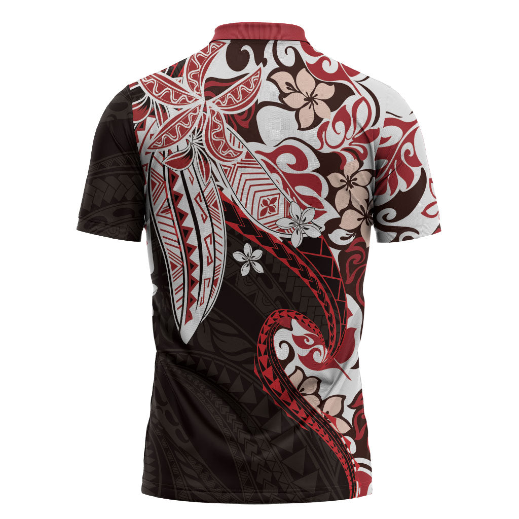 Monstera Plumeria Flowers Red Zipper Polo Shirt Polynesian Pattern