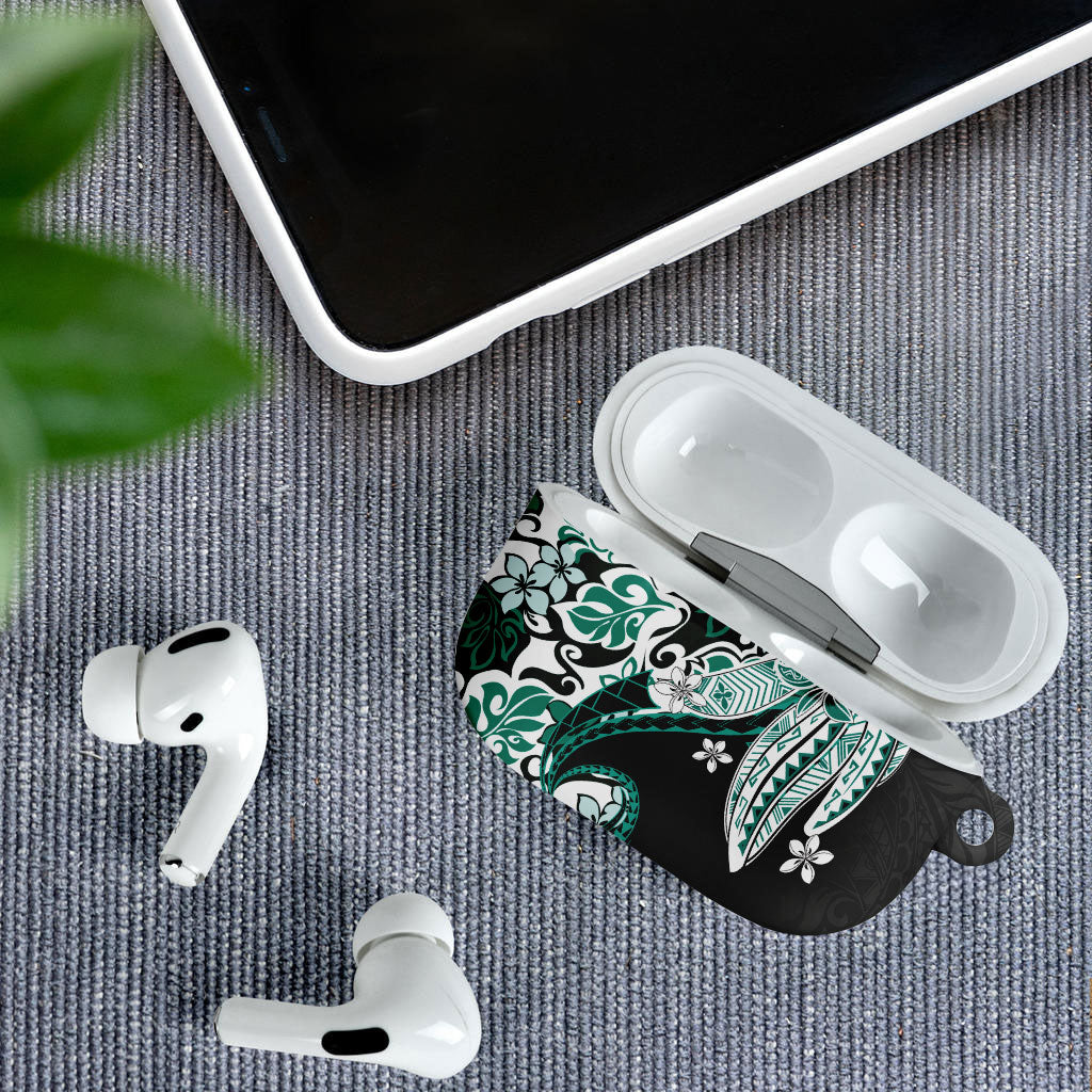 Monstera Plumeria Flowers Teal AirPods Case Polynesian Pattern