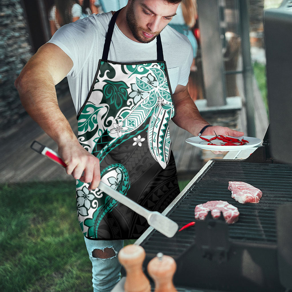 Monstera Plumeria Flowers Teal Apron Polynesian Pattern