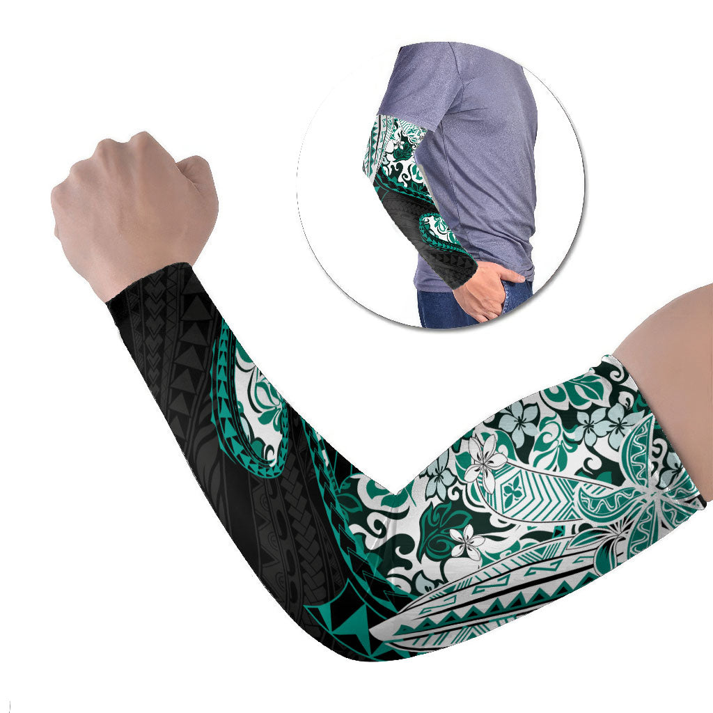 Monstera Plumeria Flowers Teal Arm Sleeves Polynesian Pattern