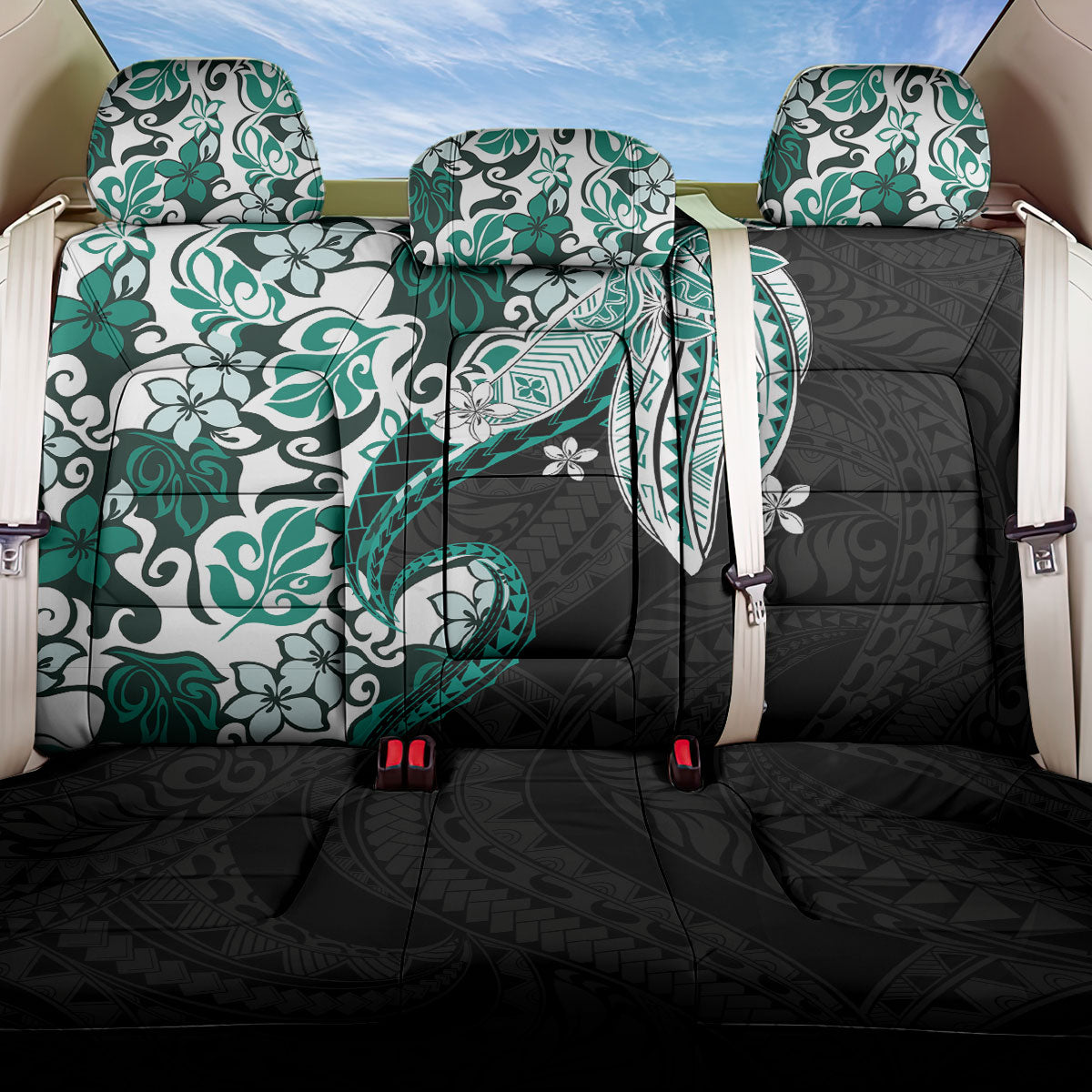 Monstera Plumeria Flowers Teal Back Car Seat Cover Polynesian Pattern