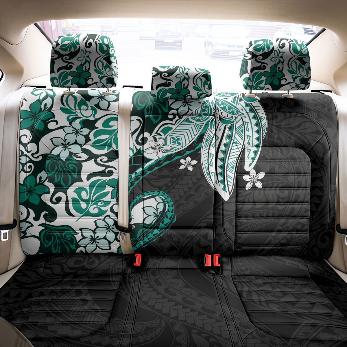 Monstera Plumeria Flowers Teal Back Car Seat Cover Polynesian Pattern