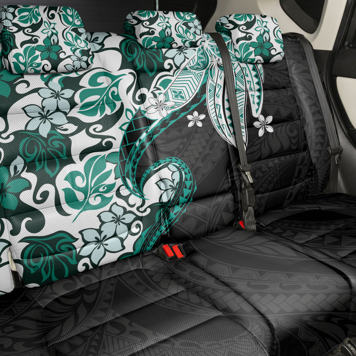 Monstera Plumeria Flowers Teal Back Car Seat Cover Polynesian Pattern