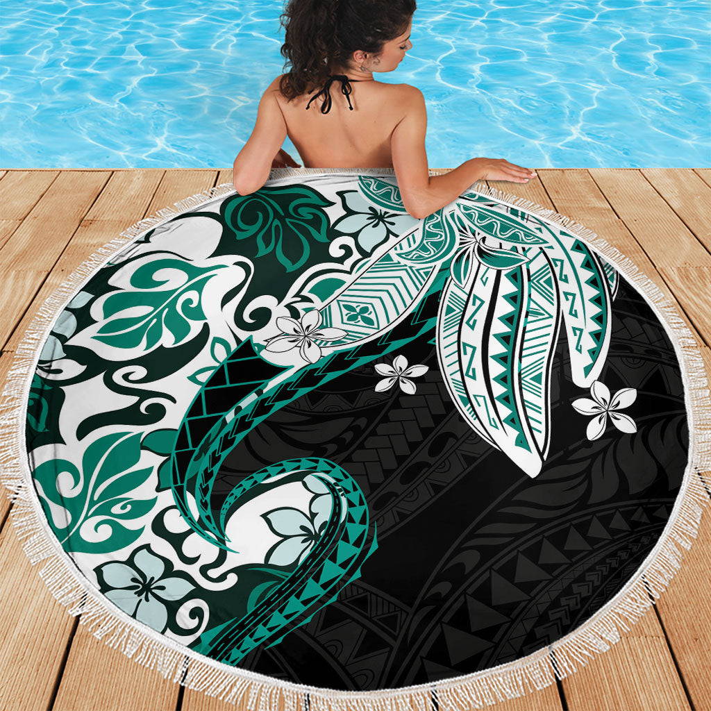Monstera Plumeria Flowers Teal Beach Blanket Polynesian Pattern