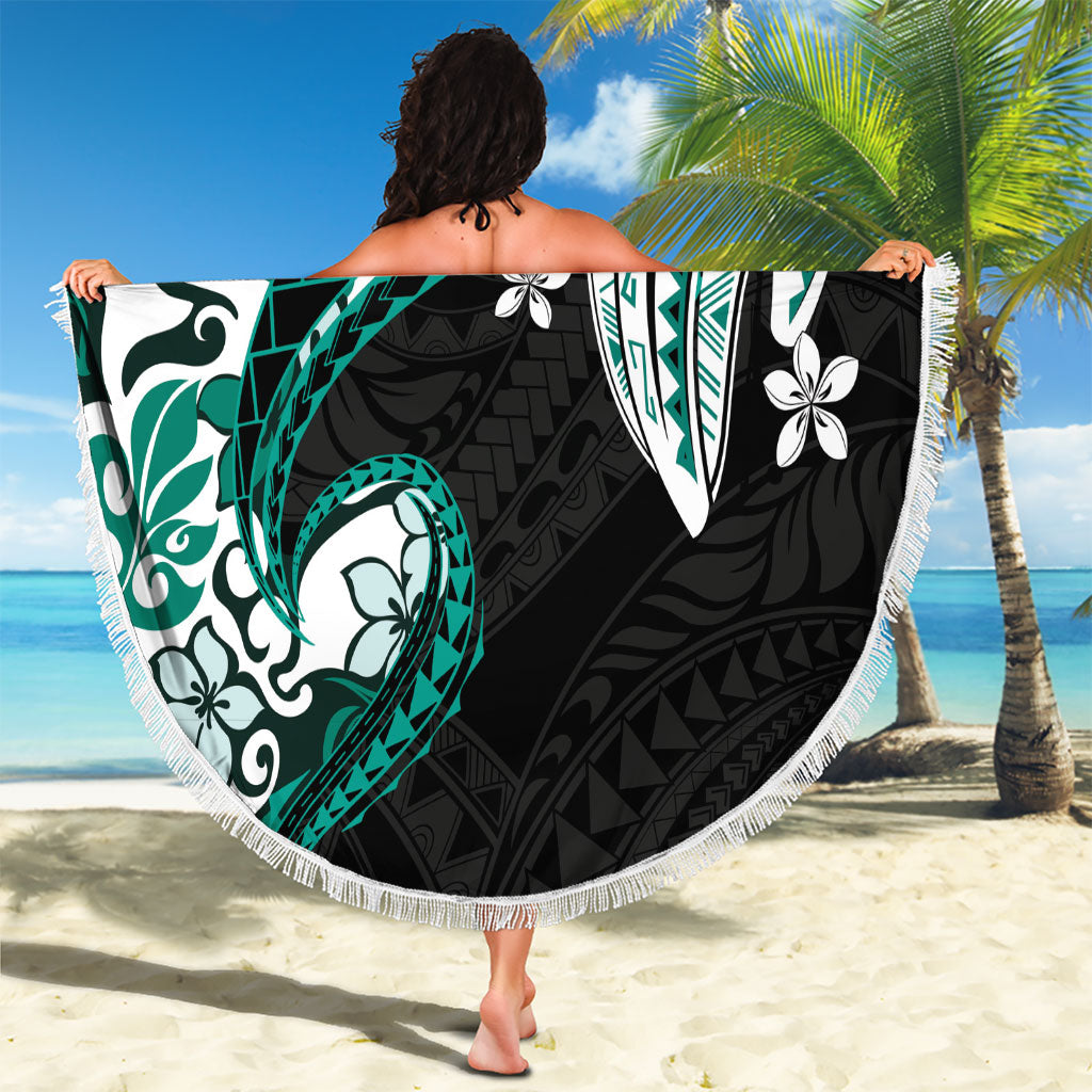 Monstera Plumeria Flowers Teal Beach Blanket Polynesian Pattern
