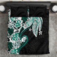 Monstera Plumeria Flowers Teal Bedding Set Polynesian Pattern