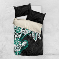 Monstera Plumeria Flowers Teal Bedding Set Polynesian Pattern