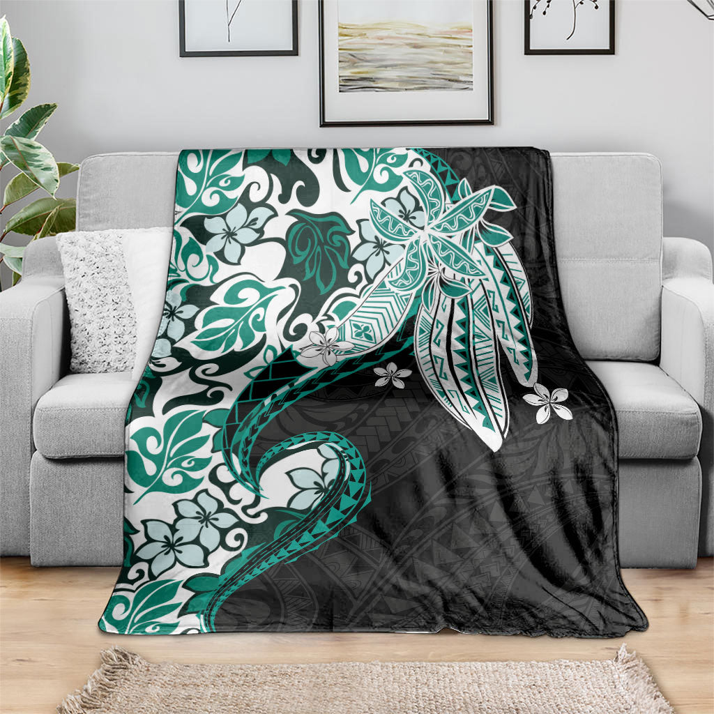 Monstera Plumeria Flowers Teal Blanket Polynesian Pattern