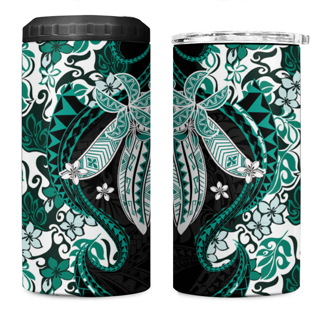 Monstera Plumeria Flowers Teal 4 in 1 Can Cooler Tumbler Polynesian Pattern