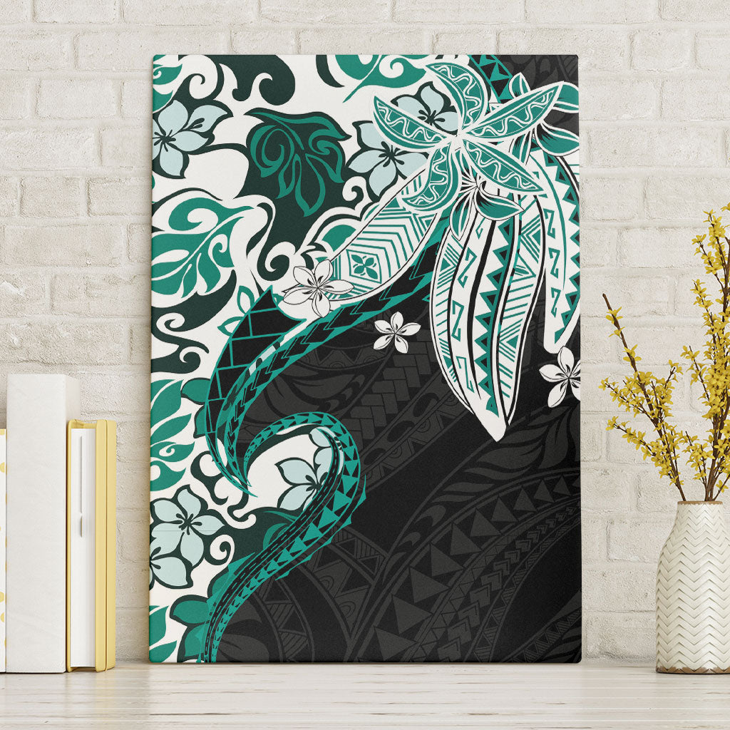 Monstera Plumeria Flowers Teal Canvas Wall Art Polynesian Pattern
