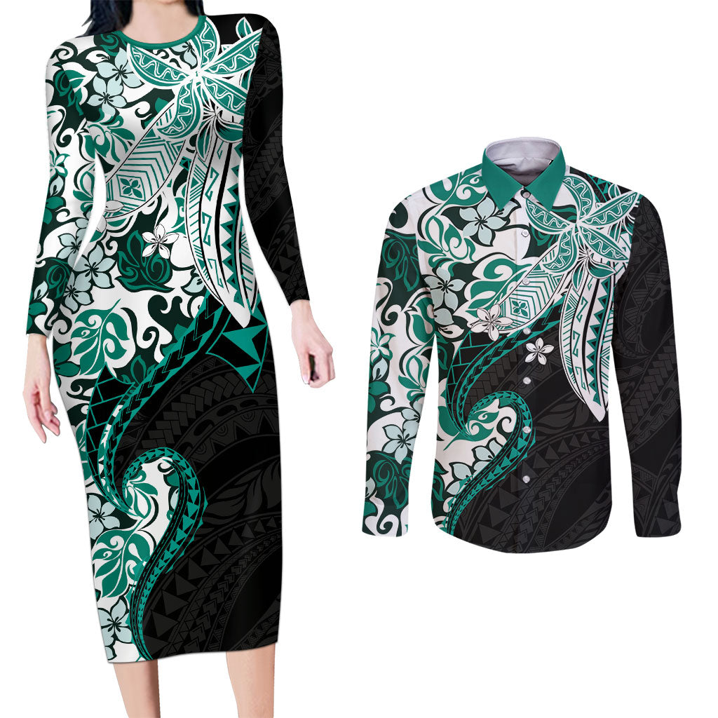Monstera Plumeria Flowers Teal Couples Matching Long Sleeve Bodycon Dress and Long Sleeve Button Shirt Polynesian Pattern