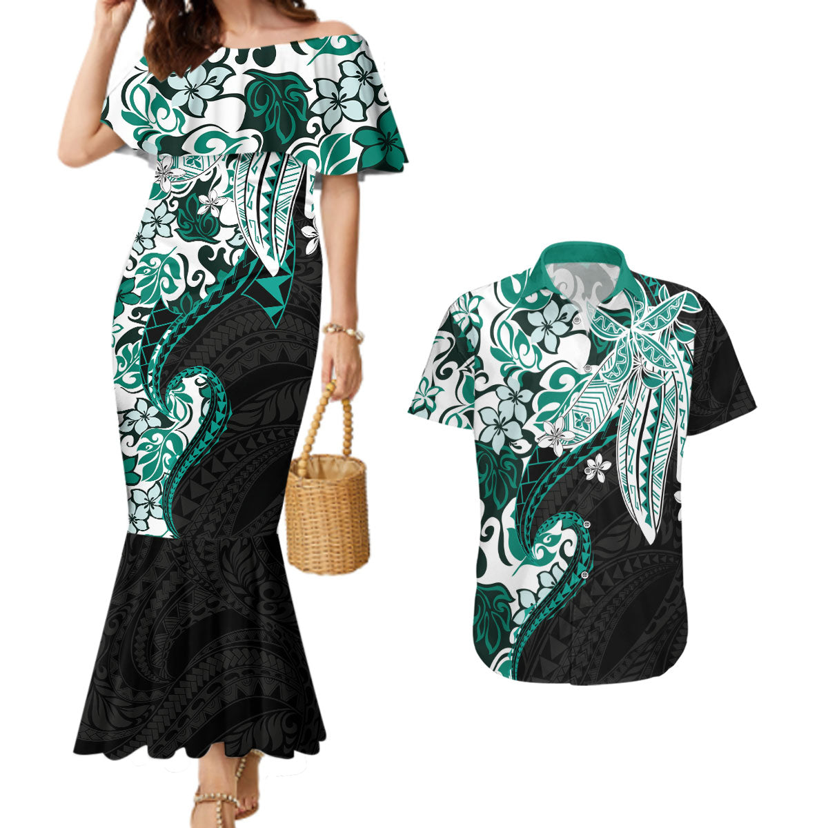 Monstera Plumeria Flowers Teal Couples Matching Mermaid Dress and Hawaiian Shirt Polynesian Pattern