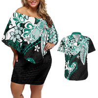 Monstera Plumeria Flowers Teal Couples Matching Off Shoulder Short Dress and Hawaiian Shirt Polynesian Pattern