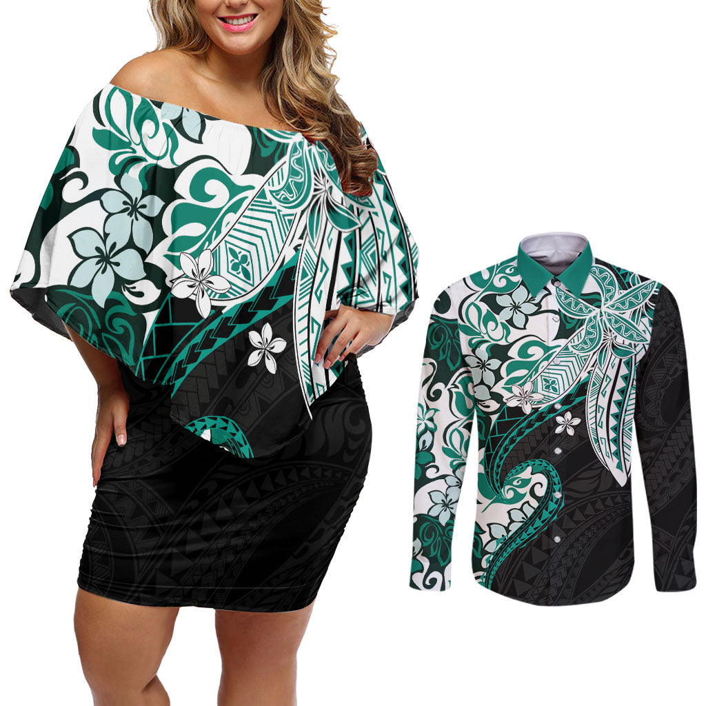 Monstera Plumeria Flowers Teal Couples Matching Off Shoulder Short Dress and Long Sleeve Button Shirt Polynesian Pattern