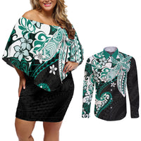Monstera Plumeria Flowers Teal Couples Matching Off Shoulder Short Dress and Long Sleeve Button Shirt Polynesian Pattern