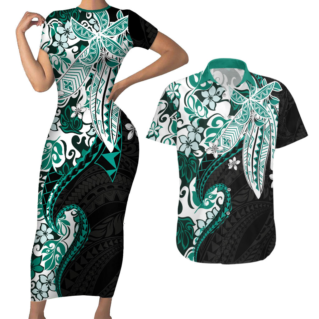 Monstera Plumeria Flowers Teal Couples Matching Short Sleeve Bodycon Dress and Hawaiian Shirt Polynesian Pattern