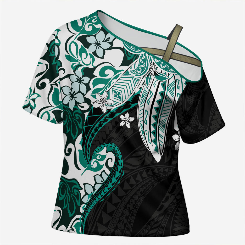 Monstera Plumeria Flowers Teal Cross Shoulder Shirt Polynesian Pattern