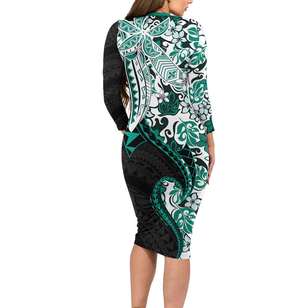 Monstera Plumeria Flowers Teal Family Matching Long Sleeve Bodycon Dress and Hawaiian Shirt Polynesian Pattern LT01 - Polynesian Pride
