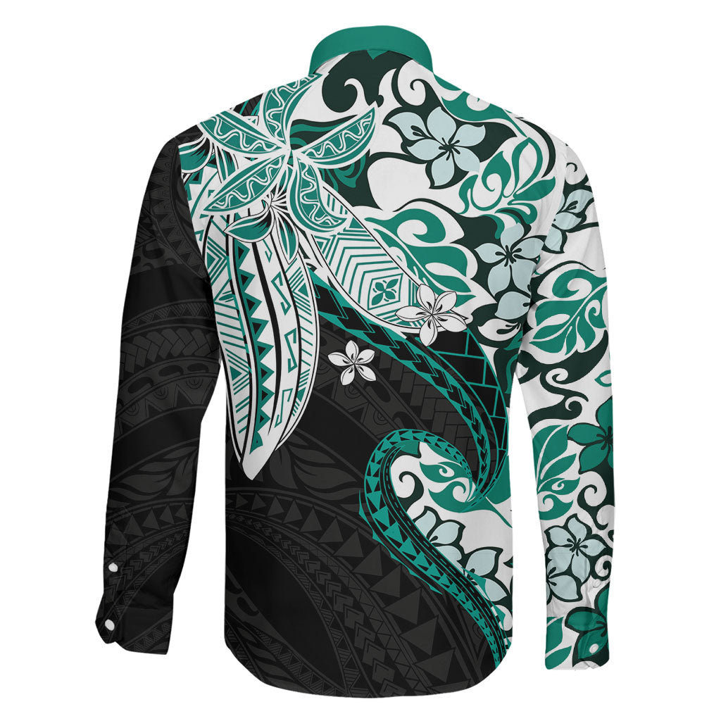 Monstera Plumeria Flowers Teal Family Matching Mermaid Dress and Hawaiian Shirt Polynesian Pattern