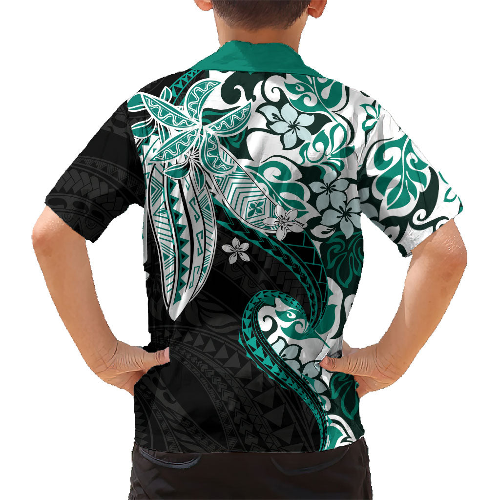 Monstera Plumeria Flowers Teal Family Matching Off The Shoulder Long Sleeve Dress and Hawaiian Shirt Polynesian Pattern LT01 - Polynesian Pride