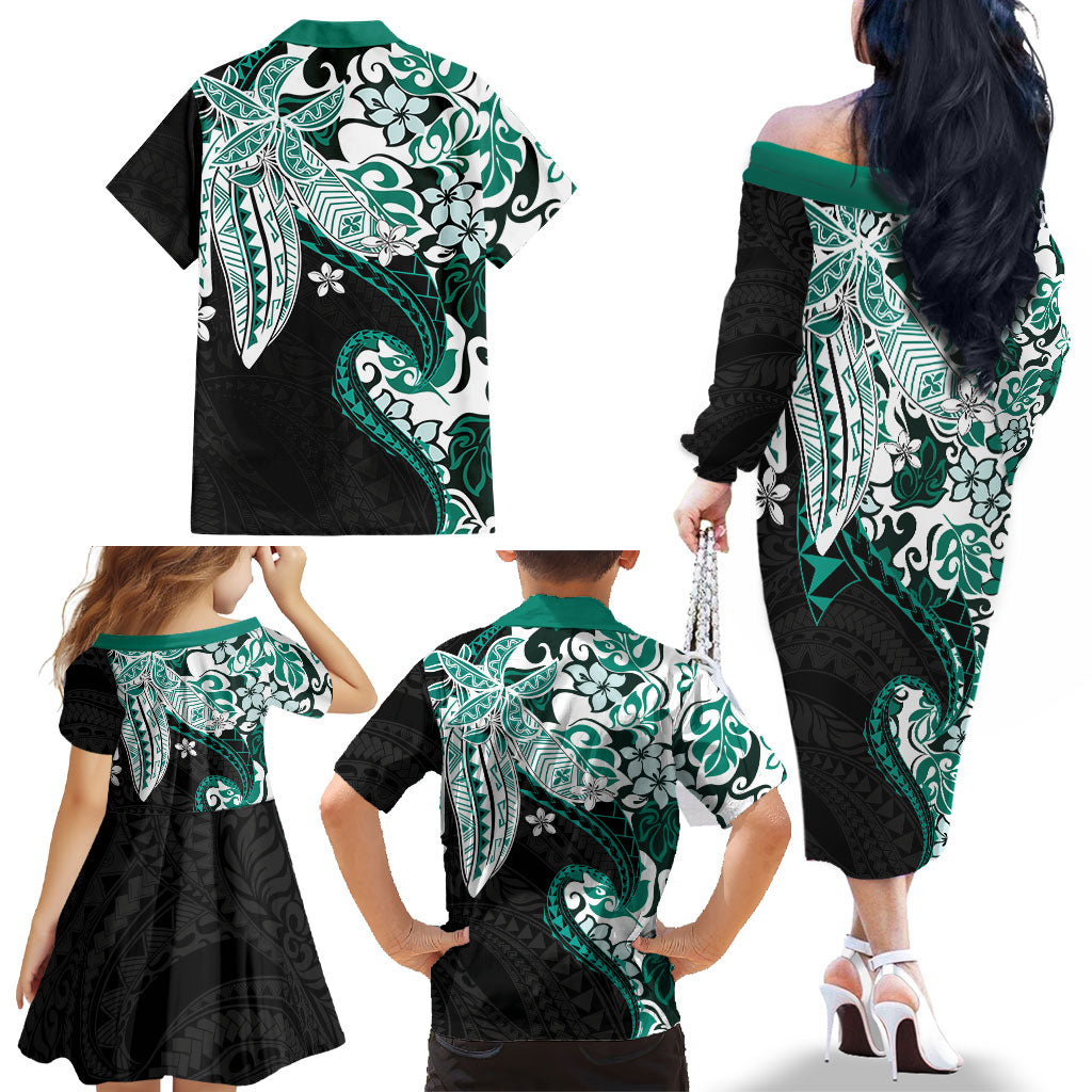 Monstera Plumeria Flowers Teal Family Matching Off The Shoulder Long Sleeve Dress and Hawaiian Shirt Polynesian Pattern LT01 - Polynesian Pride