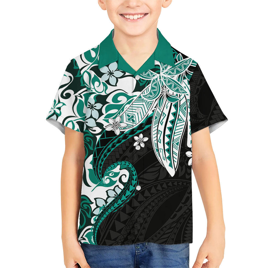 Monstera Plumeria Flowers Teal Family Matching Off The Shoulder Long Sleeve Dress and Hawaiian Shirt Polynesian Pattern LT01 Son's Shirt Teal - Polynesian Pride