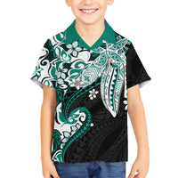 Monstera Plumeria Flowers Teal Family Matching Off Shoulder Maxi Dress and Hawaiian Shirt Polynesian Pattern