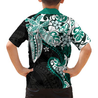 Monstera Plumeria Flowers Teal Family Matching Off Shoulder Short Dress and Hawaiian Shirt Polynesian Pattern