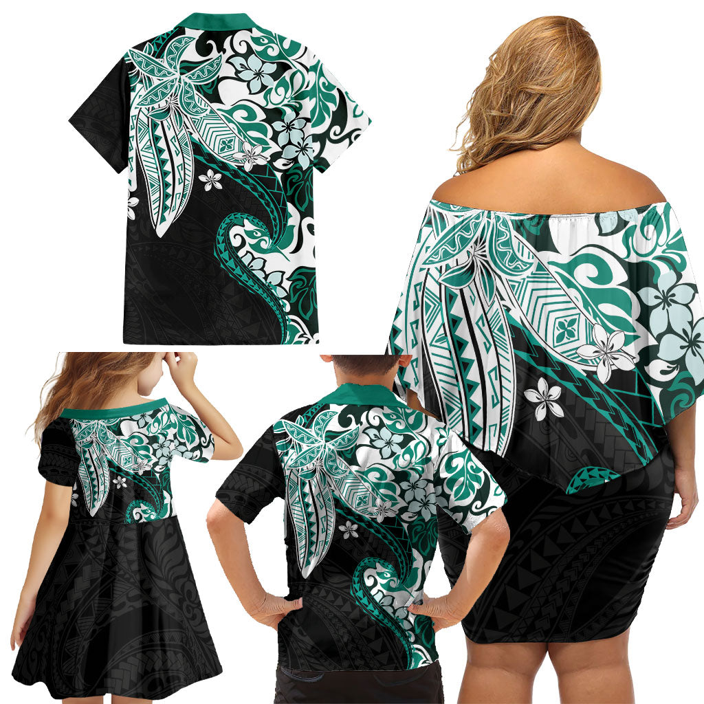 Monstera Plumeria Flowers Teal Family Matching Off Shoulder Short Dress and Hawaiian Shirt Polynesian Pattern