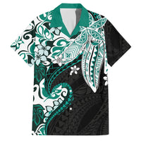 Monstera Plumeria Flowers Teal Family Matching Off Shoulder Short Dress and Hawaiian Shirt Polynesian Pattern