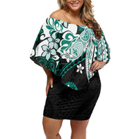 Monstera Plumeria Flowers Teal Family Matching Off Shoulder Short Dress and Hawaiian Shirt Polynesian Pattern