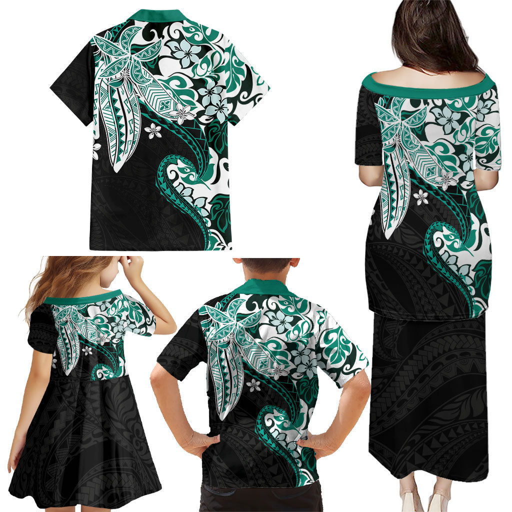 Monstera Plumeria Flowers Teal Family Matching Puletasi and Hawaiian Shirt Polynesian Pattern
