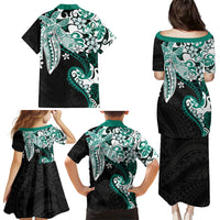 Monstera Plumeria Flowers Teal Family Matching Puletasi and Hawaiian Shirt Polynesian Pattern