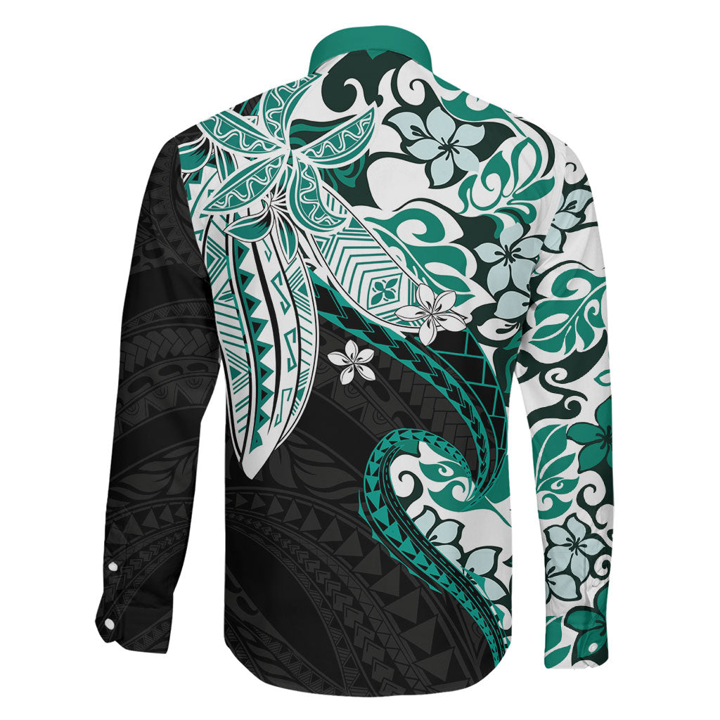 Monstera Plumeria Flowers Teal Family Matching Short Sleeve Bodycon Dress and Hawaiian Shirt Polynesian Pattern LT01 - Polynesian Pride