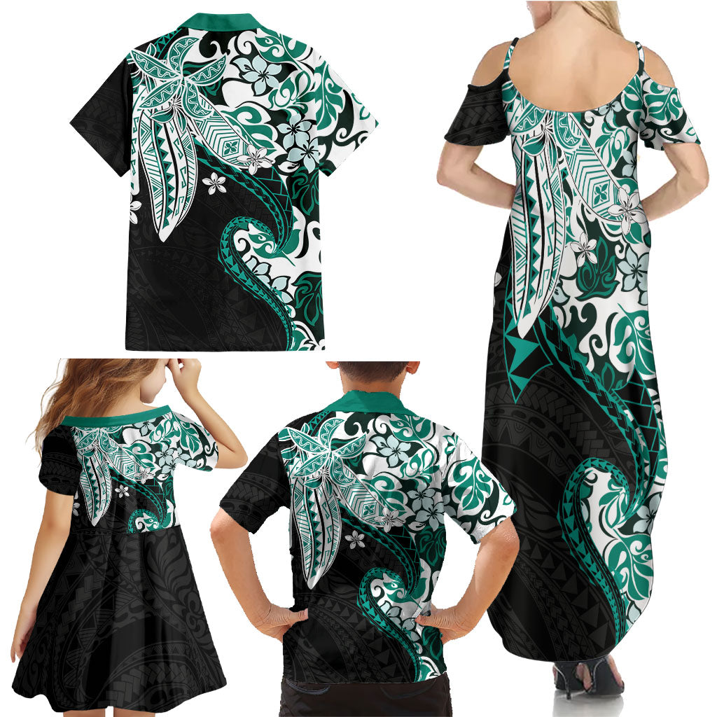 Monstera Plumeria Flowers Teal Family Matching Summer Maxi Dress and Hawaiian Shirt Polynesian Pattern