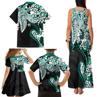 Monstera Plumeria Flowers Teal Family Matching Tank Maxi Dress and Hawaiian Shirt Polynesian Pattern